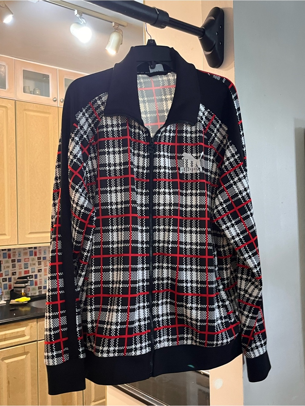 Puma Men's Black & Red Plaid Zip-Up Sweater Jacket